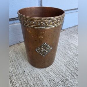 Vintage Copper Cup Tumbler Embossed Brass Medallions Rustic Bar Decor 4”